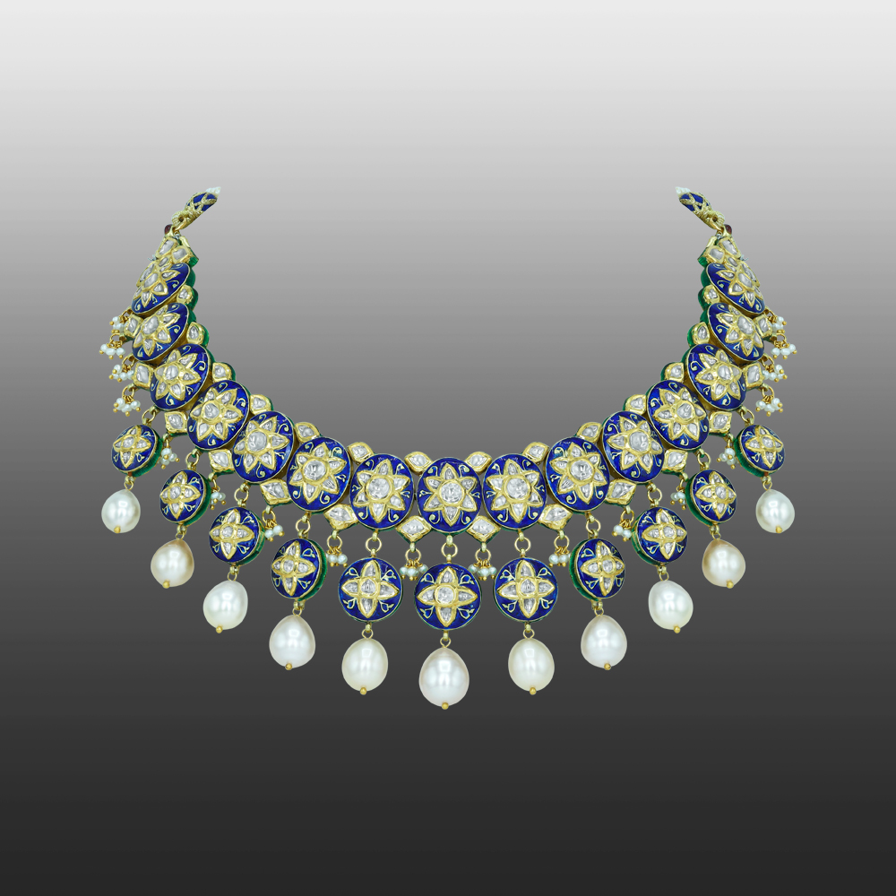 Pearl-Draped Polki Necklace with Blue Enamel Floral Motifs